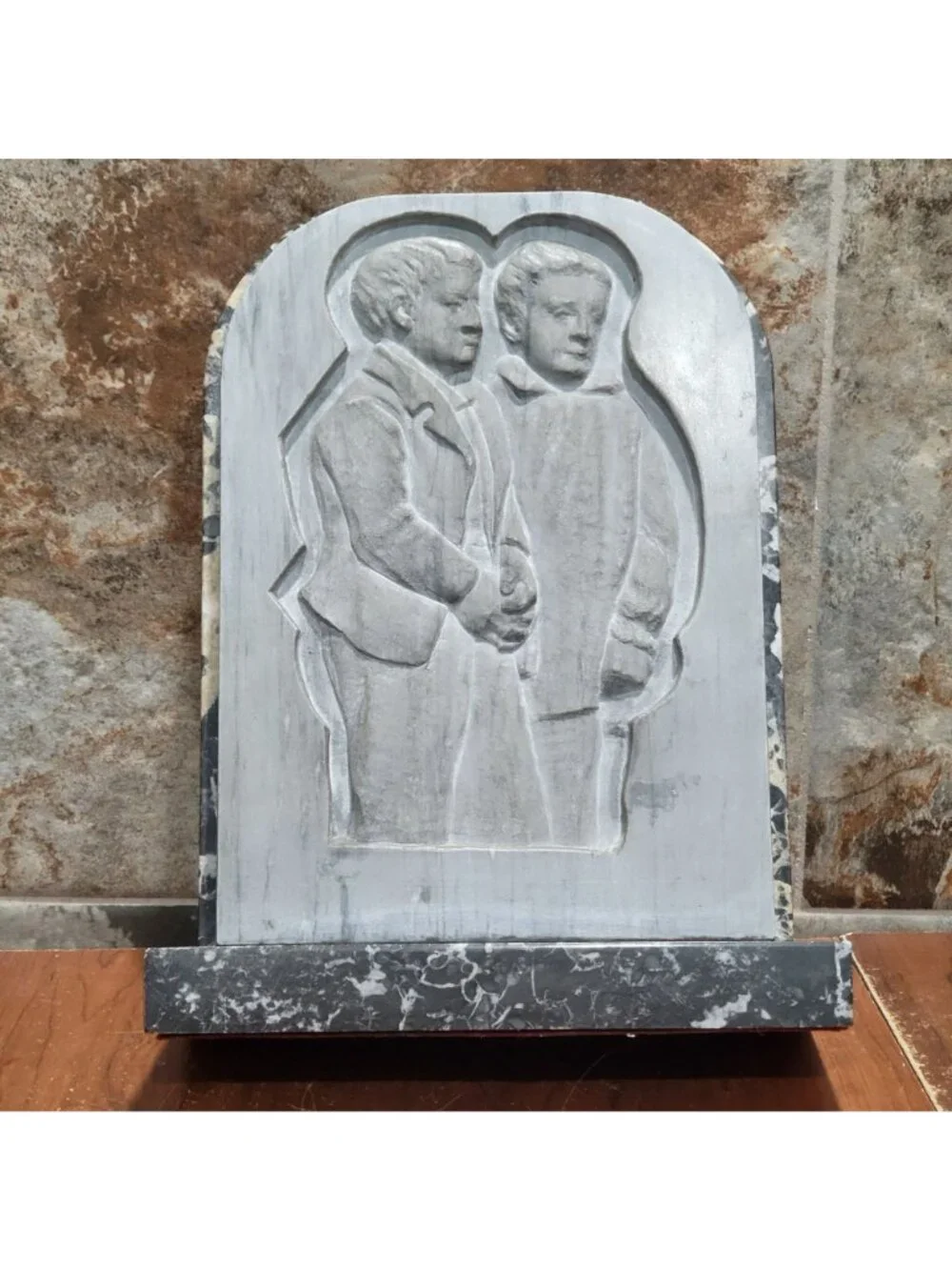 Handcrafted Stone Monument Bas Relief Carving Two Figures Side by Side Carved Ma